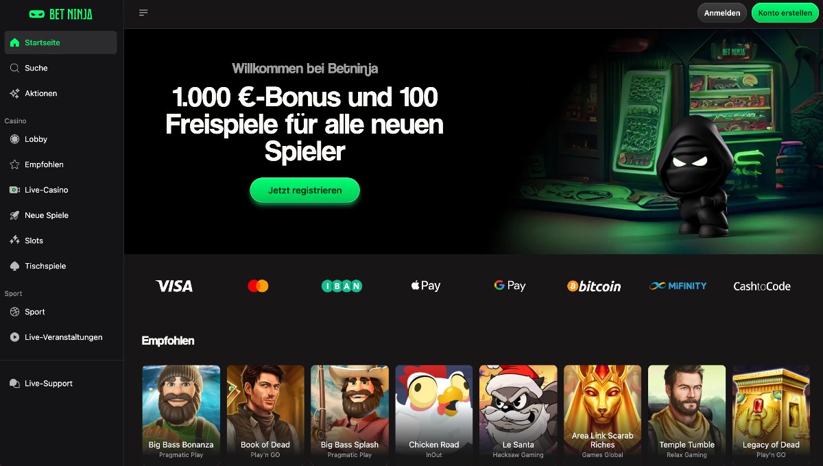 Als modernes casino ohne oasis kombiniert Betninja Live-Dealer-Action und Sportwetten mit bequemen Zahlungsoptionen wie Apple Pay und Google Pay, völlig befreit von den Einschränkungen der LUGAS-Datenbank.