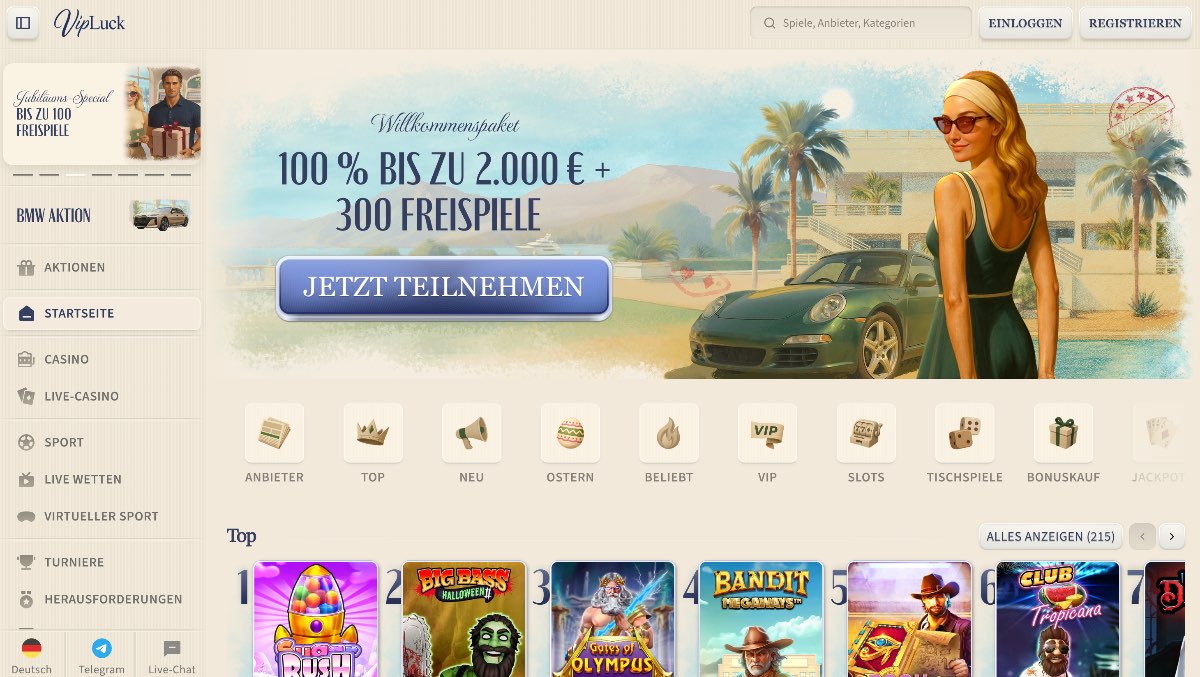 Vipluck glänzt unter den casino ohne oasis durch ein attraktives, mehrstufiges Bonuspaket über die ersten drei Einzahlungen hinweg sowie ein lukratives VIP-Cashback-Programm für langfristig aktive Spieler.
